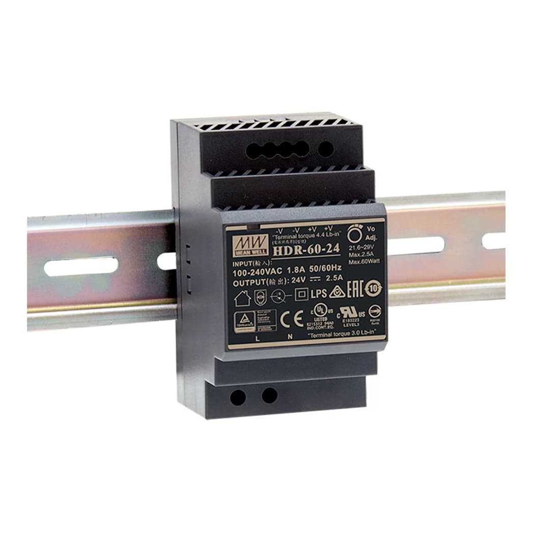 Fuente de alimentación para riel DIN MEAN WELL HDR-60-24 · 60W 24VDC 2.5A