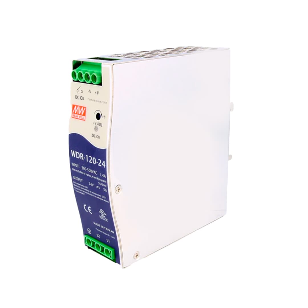 Fuente de alimentación para riel DIN MEAN WELL WDR-120-24 · 120W 24VDC 5A · entrada 180–550VAC