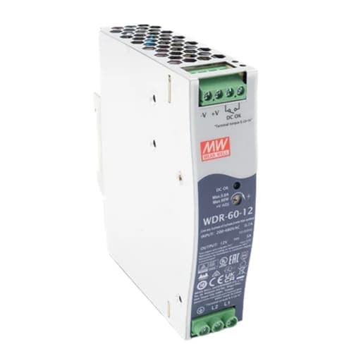 Fuente de alimentación para riel DIN MEAN WELL WDR-60-12 · wide range 60W 12VDC 5A in 180-550VAC