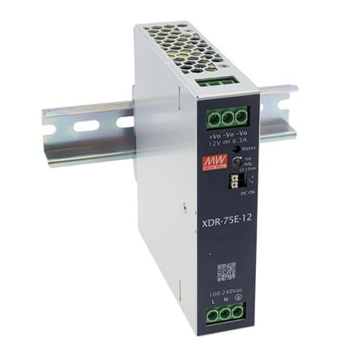Fuente de alimentación para riel DIN MEAN WELL XDR-75E-12 · 75W 12VDC 6.25A in 85-264VAC (Serie E)