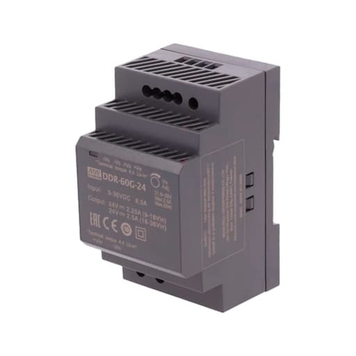 Convertidores DC/DC aislados MEAN WELL DDR-60G-24 · montaje en riel DIN 60W 9-36Vin 24Vout