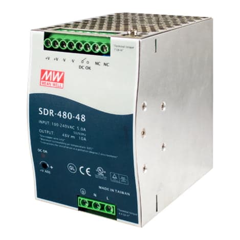 Fuente de alimentación para riel DIN MEAN WELL SDR-480-48 · 480W 48VDC 10A in 88-264VAC con PFC
