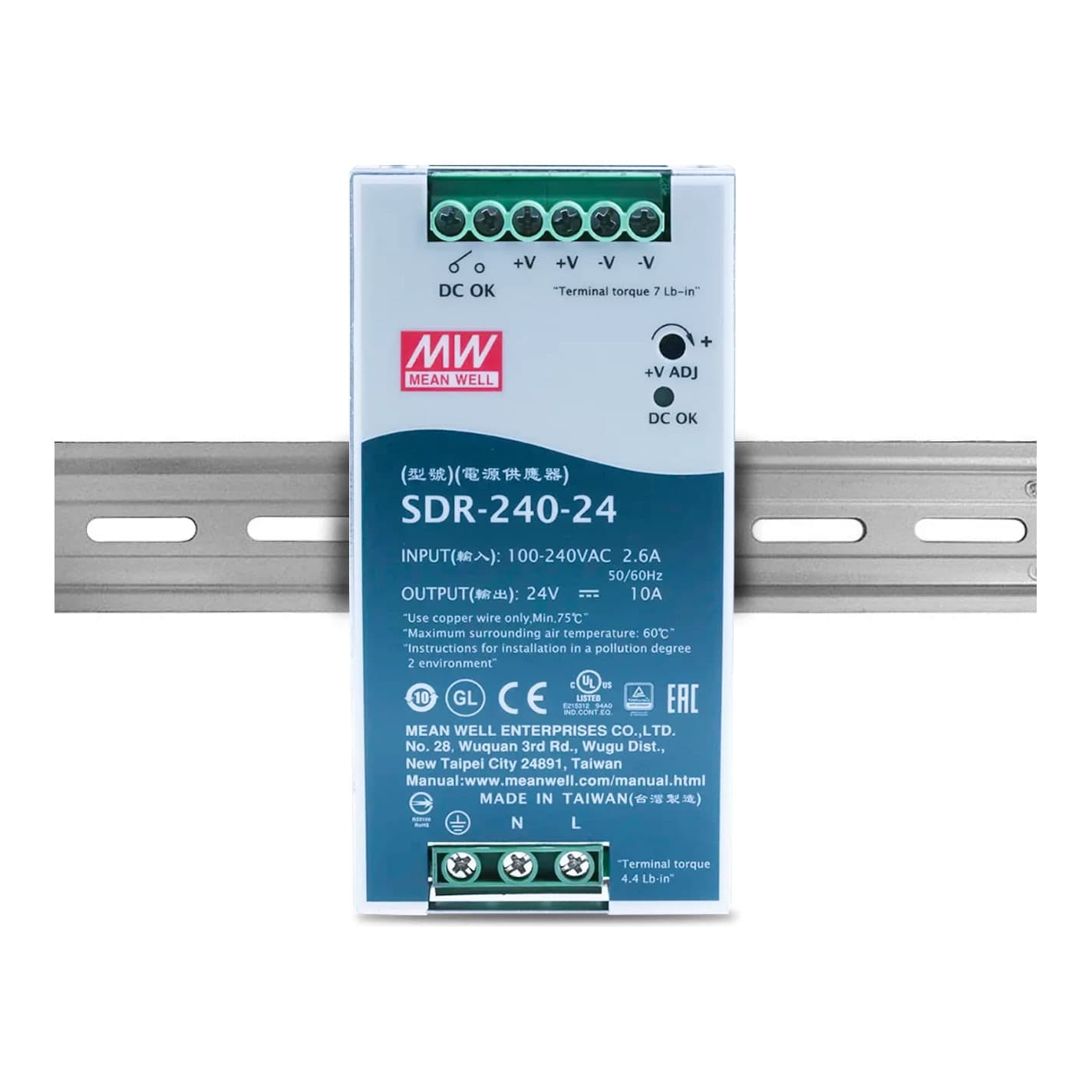 Fuente de alimentación para riel DIN MEAN WELL SDR-240-24 · 240W 24VDC 10A