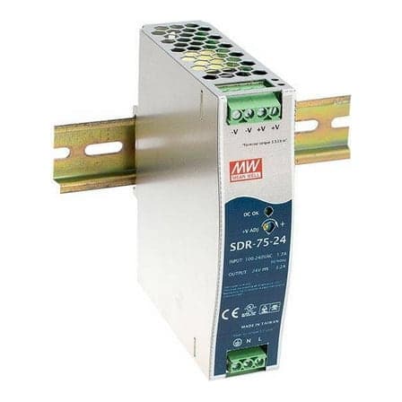 Fuente de alimentación para riel DIN MEAN WELL SDR-75-24 · AC/DC salida 24VDC 3A 75W
