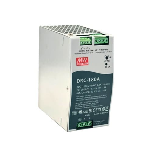 Fuente de alimentación para riel DIN MEAN WELL DRC-180A · 180W 13.8VDC 9A con función UPS (PFC)