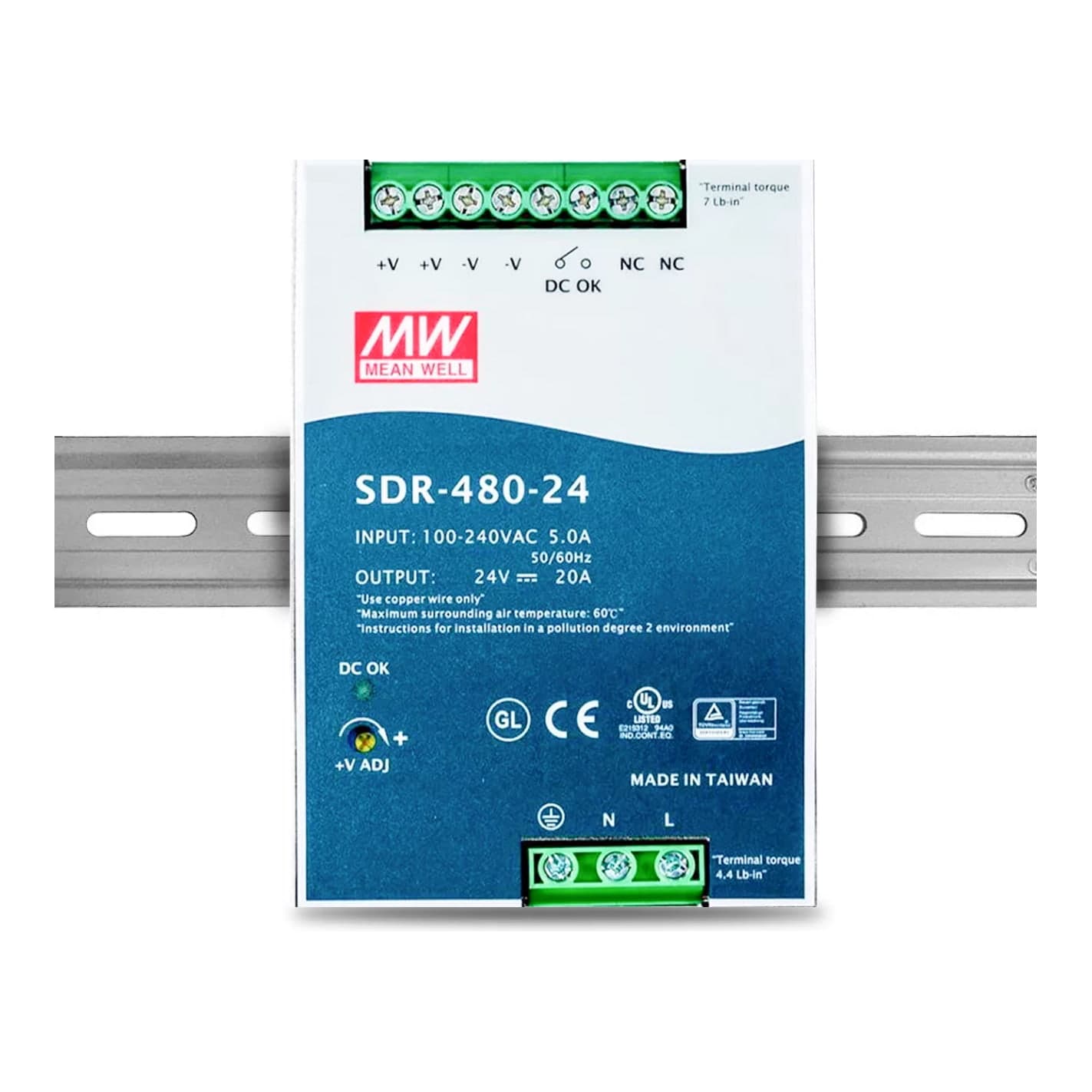 Fuente de alimentación para riel DIN MEAN WELL SDR-480-24 · 480W 24VDC 20A