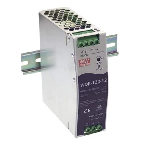 Fuente de alimentación para riel DIN MEAN WELL WDR-120-48 · wide range 120W 48VDC 2.5A in 180-550VAC