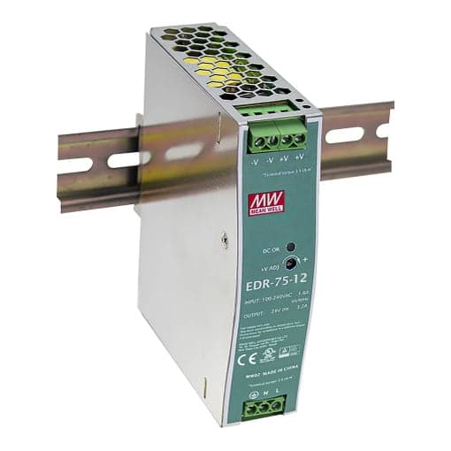 Fuente de alimentación para riel DIN MEAN WELL EDR-75-12 · 75.6W 12VDC 6.3A EN55022 class A
