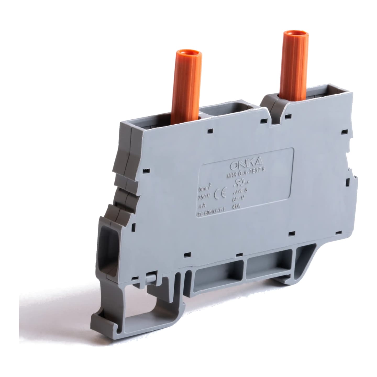 Imagen referencial de la serie: Bornera cortocircuitable y seccionable ONKA MRK TEST-6 · 6mm² con 2 sockets de prueba (MRK-TEST-6)