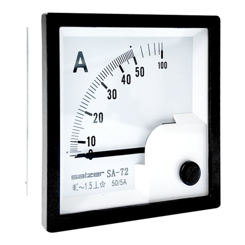 Amperímetro analógico SALZER SA-72A · 72x72mm 50/5A clase 1.5 (SA-72A-50/5)