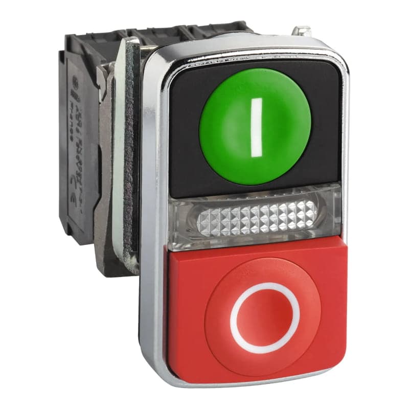 Pulsador doble luminoso metal SCHNEIDER XB4BW73731B5 · Verde/Rojo Ø22mm 24VAC/Dc con LED 1NA+1NC harmon