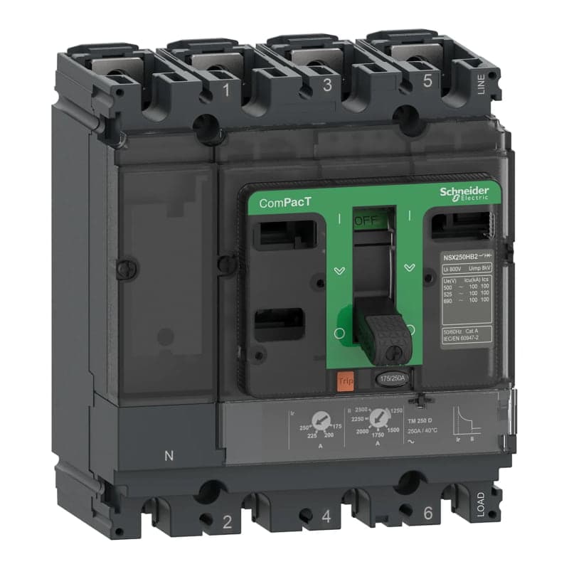 Imagen referencial de la serie: Interruptor automático regulable SCHNEIDER C10F4TM050 · NSX100F, TMD, 4X 50A, 220V(85kA)/380V(36kA)/440V(35kA)