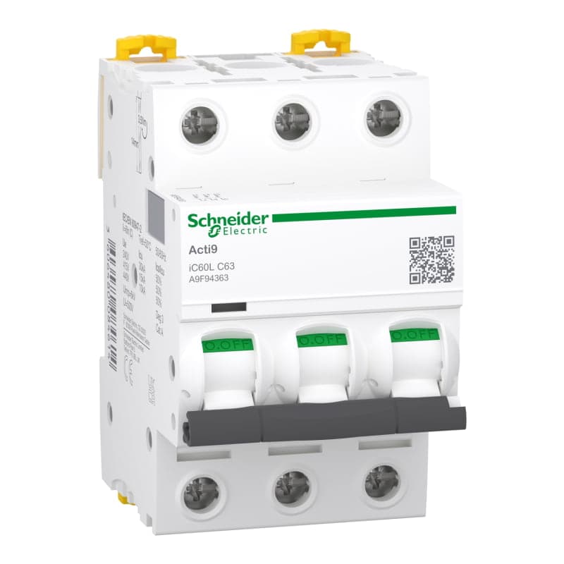 Interruptor termomagnético SCHNEIDER A9F94363 · 3P 63A 230/440VAC 20/6kA Ic60N curva B