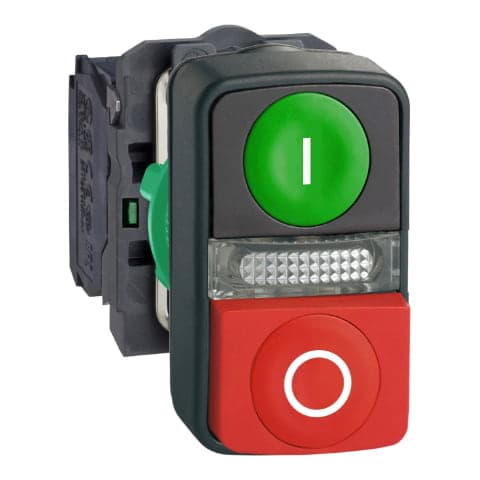 Pulsador doble luminoso metal SCHNEIDER XB5AW73731M5 · Verde/Rojo Ø22mm 240VAC con LED 1NA+1NC Harmony