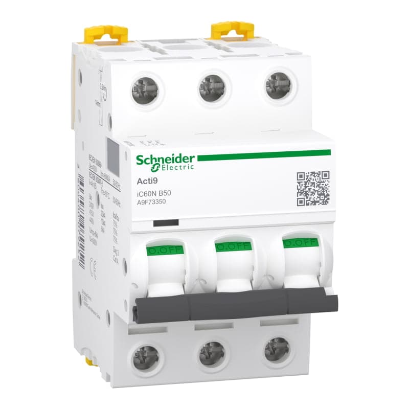 Interruptor termomagnético SCHNEIDER A9F73350 · 3P 50A 230/440VAC 20/6kA Ic60N curva B
