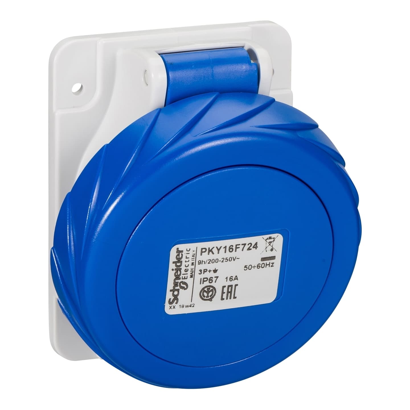 Toma industrial empotrado SCHNEIDER PKY16F724 · 3P+T 16A 250VAC azul 9H IP67