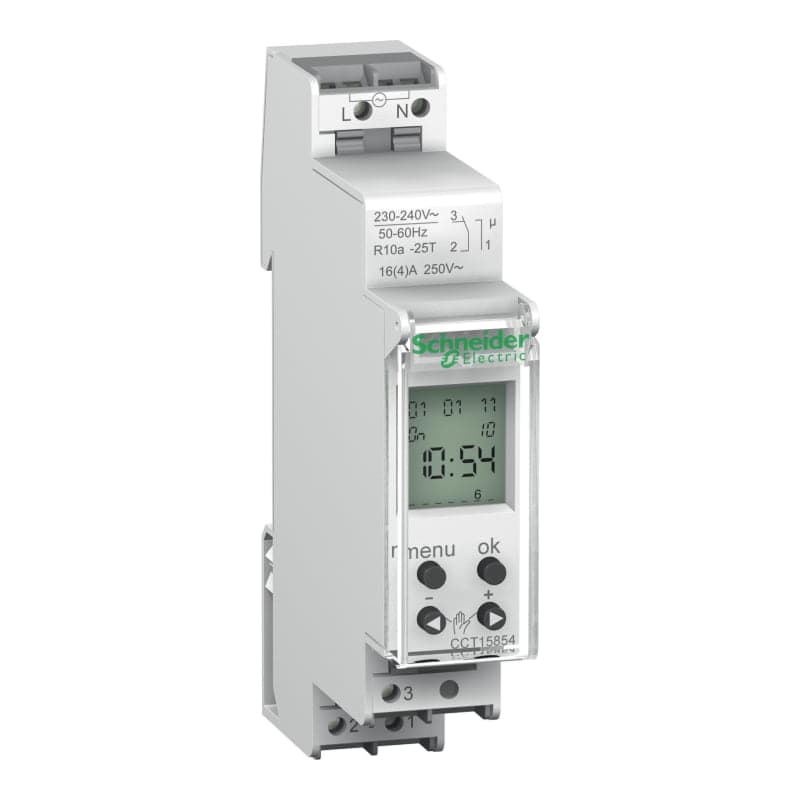 Interruptor horario digital semanal SCHNEIDER CCT15854 · 230VAC 16A 1NA 1 mod acti 9 ihp