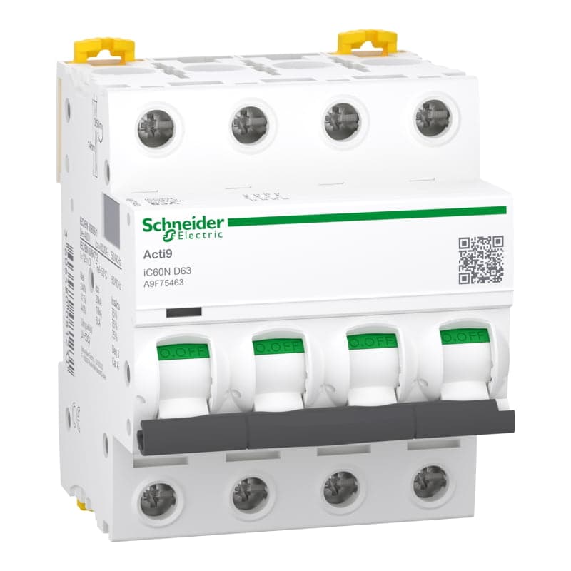 Interruptor termomagnético SCHNEIDER A9F75463 · 4P 63A 230/440VAC 20/6kA Ic60N curva D