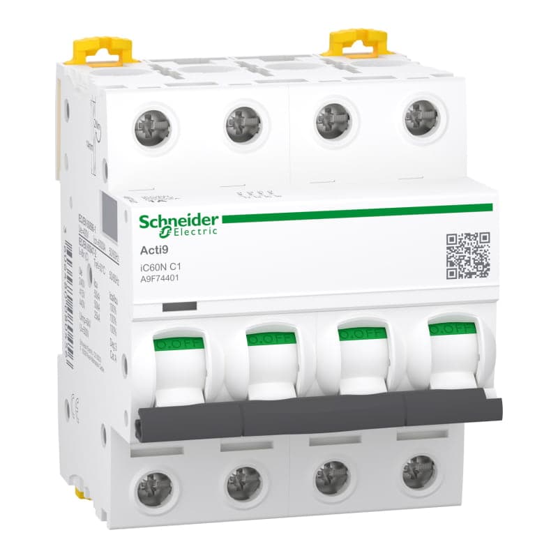 Interruptor termomagnético SCHNEIDER A9F74401 · 4P 1A 230/440VAC 50/25kA Ic60N curva C