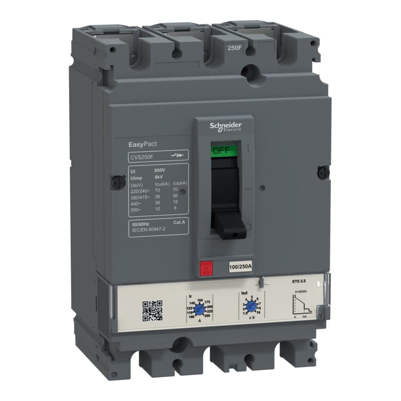 Interruptor automático regulable easypact SCHNEIDER LV525506 · CVS250F, 36kA AT 415VAC, ets 2.2, 250A, 3P 3d
