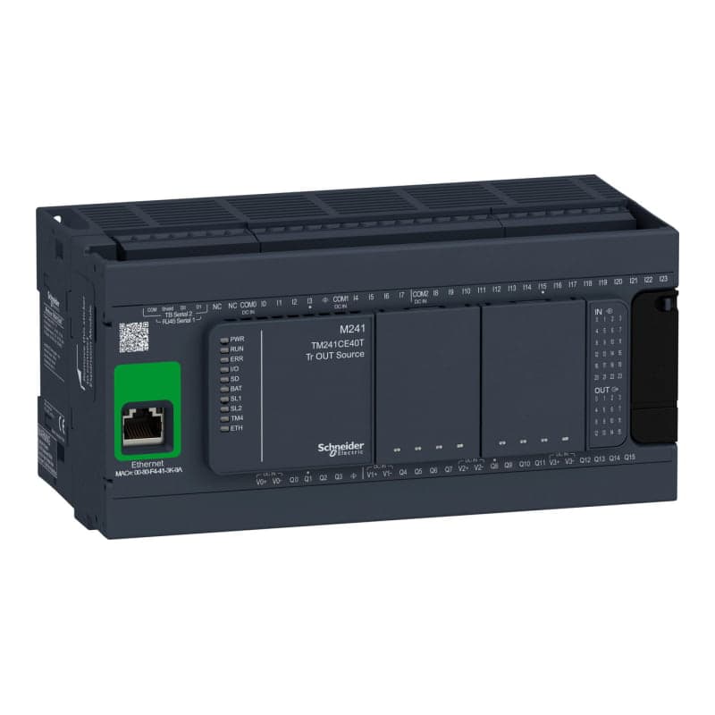 PLC MODICON SCHNEIDER TM241CE40T · M241, 24 ent. digitales, 16 sal. transistor, 1 ETH.+2 MODBUS, 24VDC