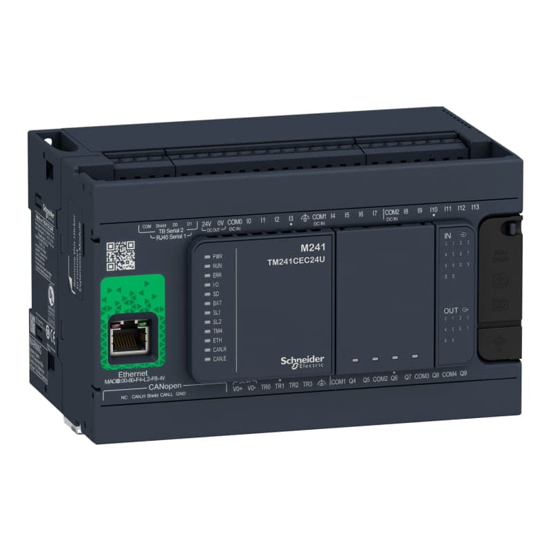PLC MODICON SCHNEIDER TM241CEC24R · M241, 14 ent. digitales, 6 sal. RELE/4 sal. TRANS., 1 ETH.+1 MDB+1 CANOPEN, 110-240VAC