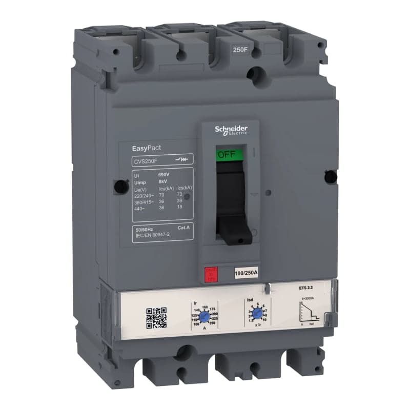 Imagen referencial de la serie: Interruptor automático regulable EASYPACt SCHNEIDER LV510553 · CVS100F, 36kA AT 415VAC, ets 2.2, 100A, 3P 3D