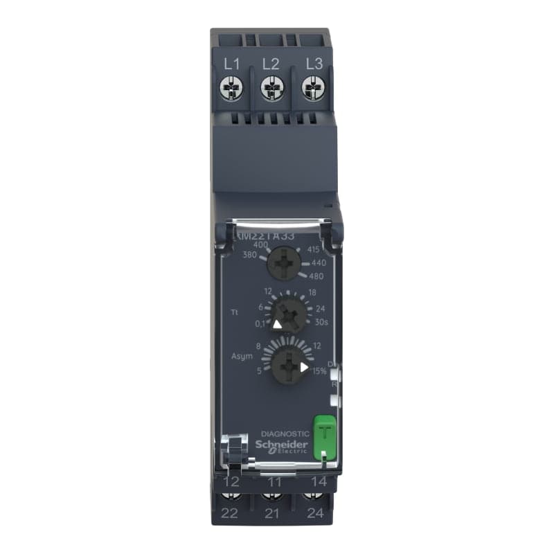 Relé control de voltaje SCHNEIDER RM22TA33 · RM22, 380-480V, 2NA/NC, SECUENCIA/FALTA fases, asimetria