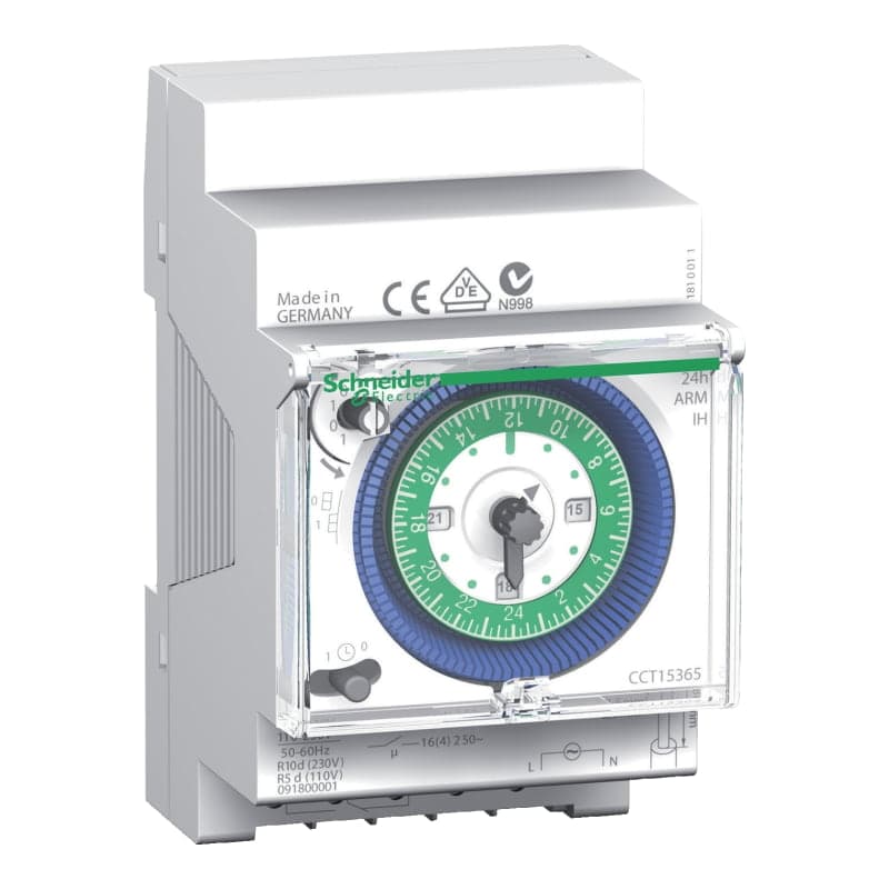 Interruptor horario analog diario SCHNEIDER CCT15365 · 230VAC 16A 200H 1NA+1NC acti 9 ih