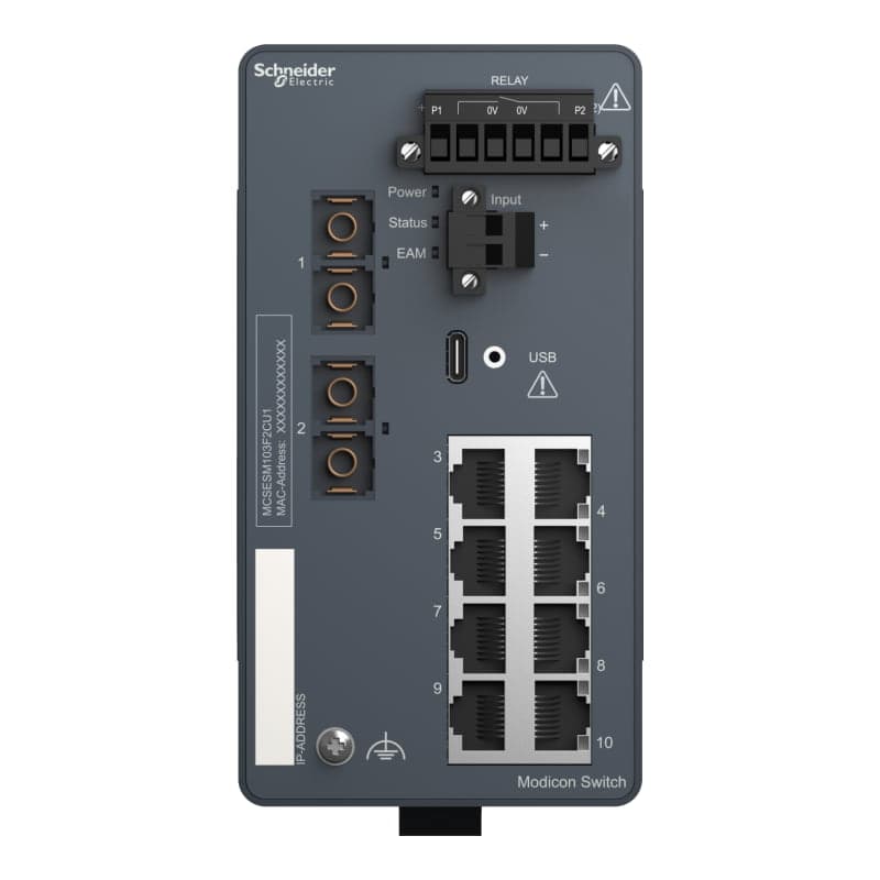 Switch industrial MODICON SCHNEIDER MCSESM103F2CU1 · administrable 8 puertos cobre, 2 puertos F.O. multimodo, 24VDC, ext