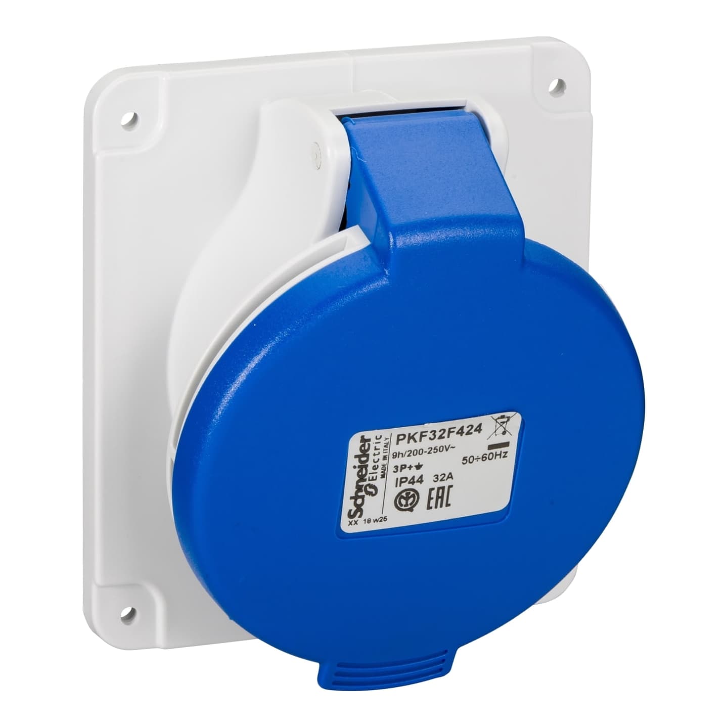 Toma industrial empotrable inclinada SCHNEIDER PKF32F424 · 32A 3P+T IP44 200-250VAC azul