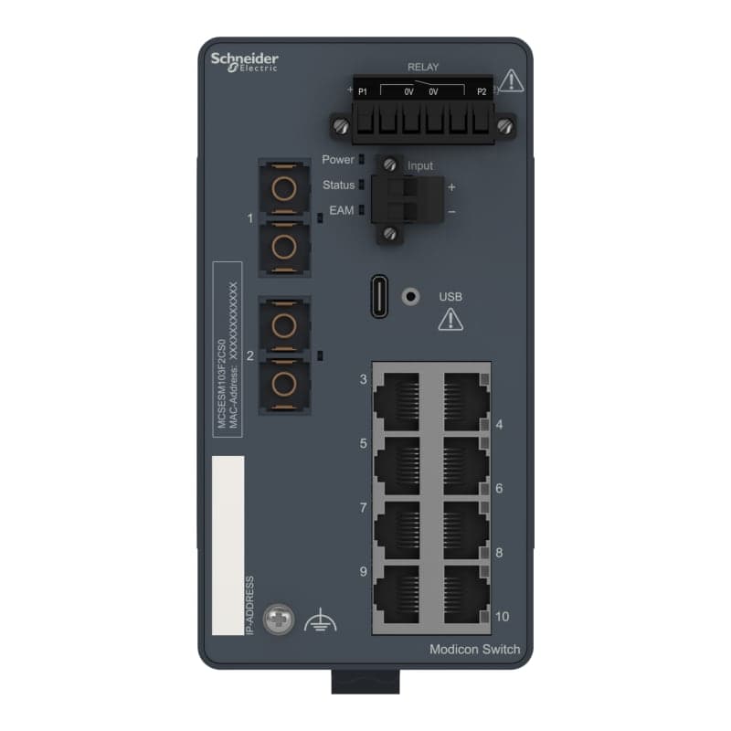 Switch industrial MODICON SCHNEIDER MCSESM103F2CS0 · administrable 8 puertos cobre, 2 puertos F.O. monomodo, 24VDC