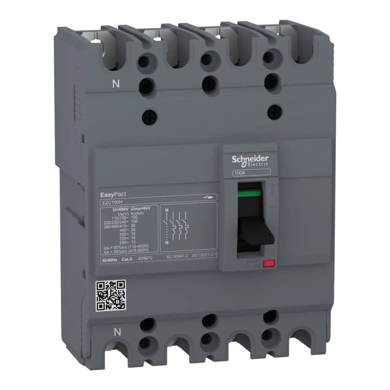 Interruptor automático fijo SCHNEIDER EZC100H4050 · EZC100H, 4x50A, 220V(50kA)/380V(30kA)/440V(20kA)