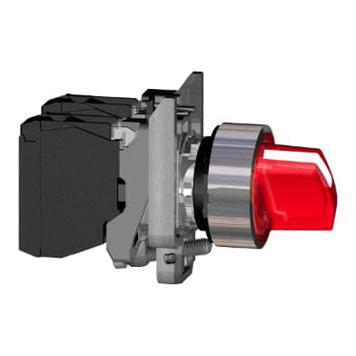 Selector luminoso maneta corta SCHNEIDER XB4BK134B5 · 3 posic metal rojo Ø 22mm 24VAC/Dc 1NA+1NC