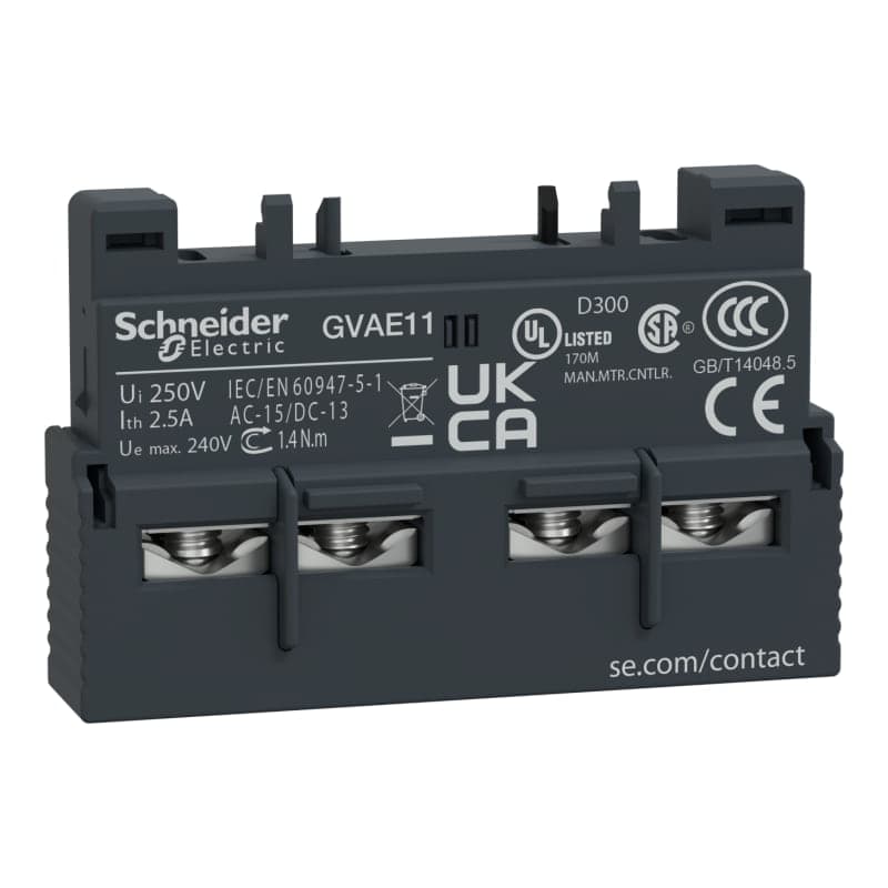 Contacto auxiliar frontal SCHNEIDER GVAE11 · 1NA+1NC para guardamotor Gv2-Gv3