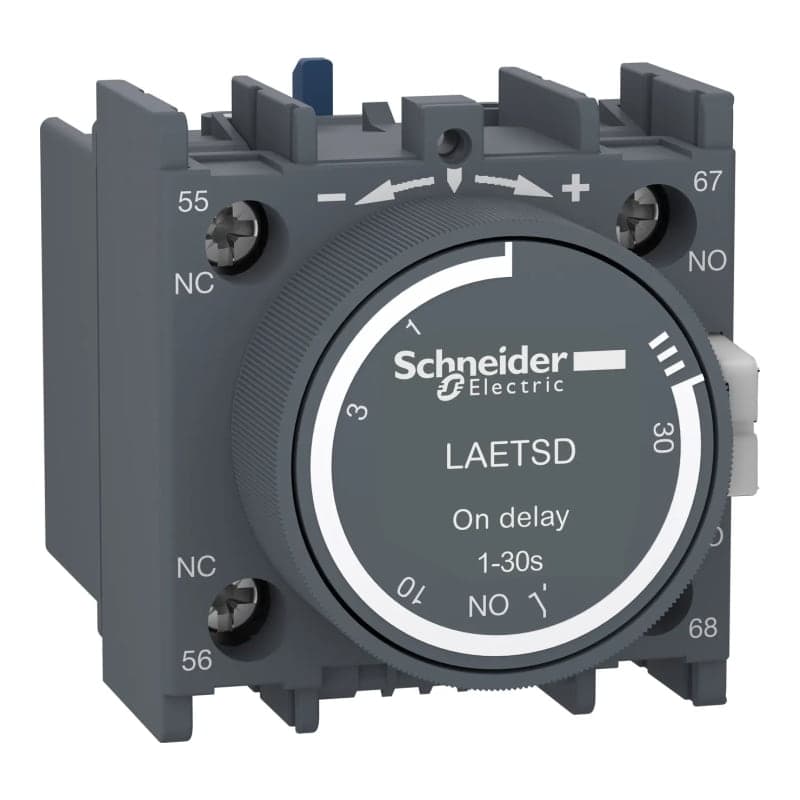 Bloque de contactos auxiliares temporizados SCHNEIDER · para contactores LC1E, 1NA+1NC de 1A 30S laetsd (SCHNEIDER-BLOQUE-CONTACTOS-1A-1NA-1NC-30S)