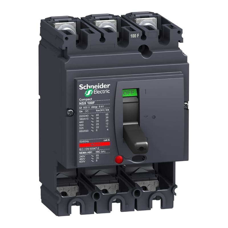 Imagen referencial de la serie: Interruptor de caja moldeada SCHNEIDER LV429003 · 3P fijo 100A 36kA 415VAC Nsx100F sin unid disp