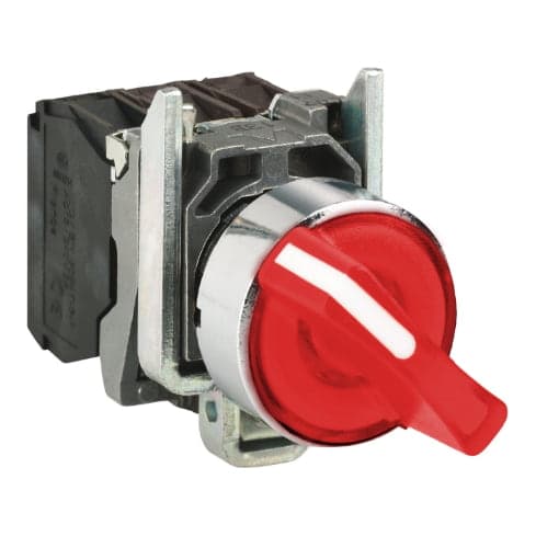 Selector luminoso maneta corta SCHNEIDER XB4BK124B5 · 2 posic metal rojo Ø 22mm 24VAC/Dc 1NA+1NC