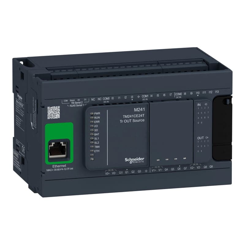 PLC MODICON SCHNEIDER TM241CE24T · M241, 14 ent. digitales, 10 sal. transistor, 1 ETH.+2 MODBUS, 24VDC