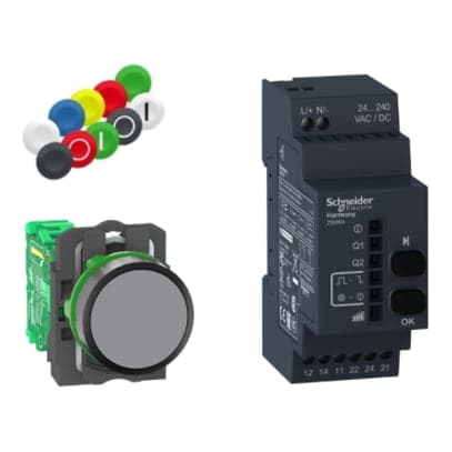 Kit pulsador SCHNEIDER XB5RFA02 · + receptor + juego tapones 24-240VAC/Dc 22mm Harmony