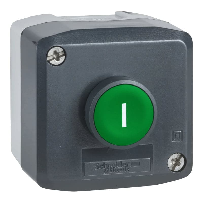 Caja SCHNEIDER XALD102 · con 1 pulsador rasante verde
