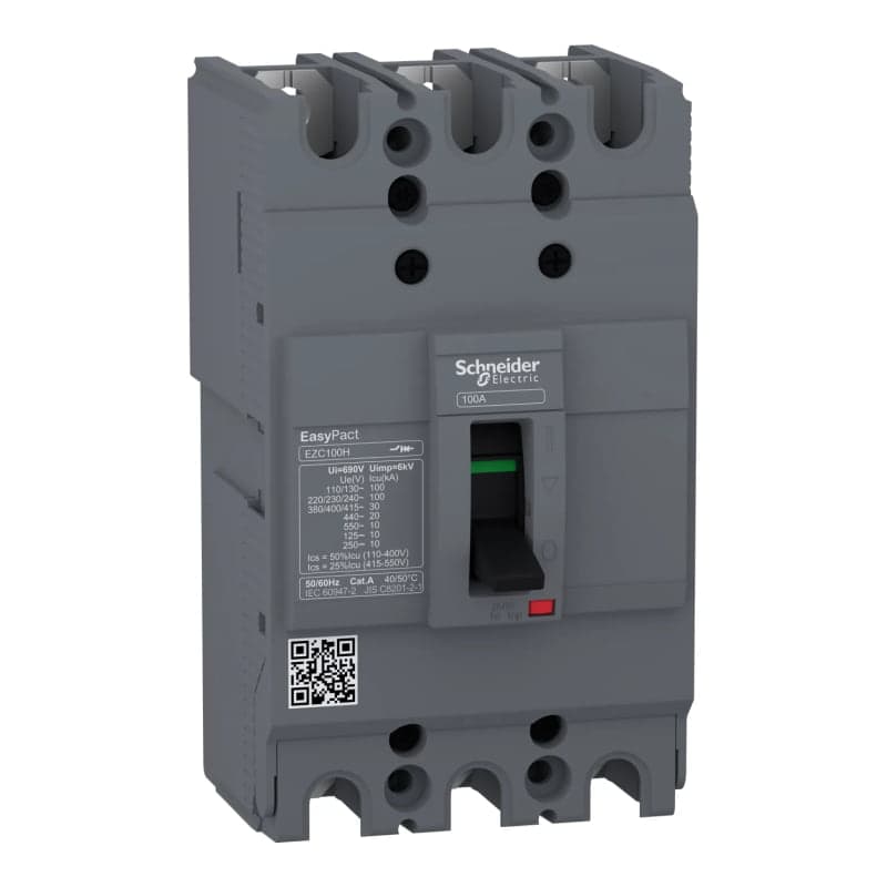 Imagen referencial de la serie: Interruptor automático fijo SCHNEIDER EZC100H3080 · EZC100H, 3x80A, 220V(100kA)/380V(30kA)/440V(20kA)