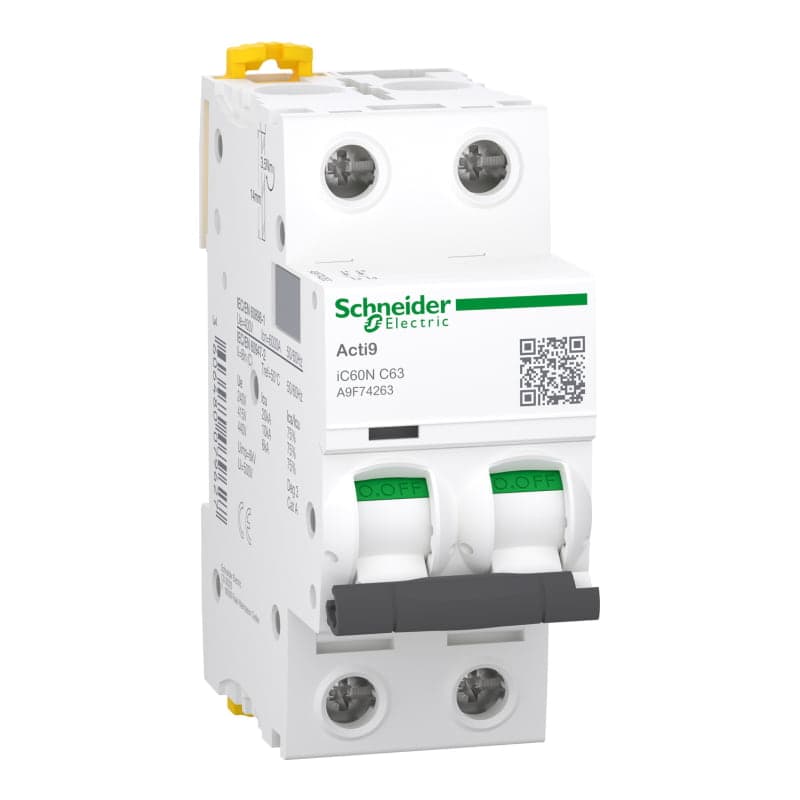 Interruptor termomagnético SCHNEIDER A9F74263 · 2P 63A 230/440VAC 20/6kA Ic60N curva C