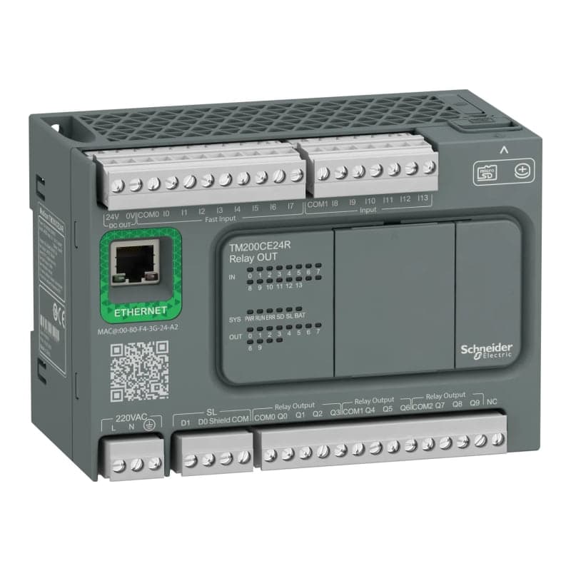 PLC MODICON SCHNEIDER TM200CE24R · M200, 14 ent. digitales, 10 sal. relé, 1 ETH.+1 MODBUS, 110-240VAC