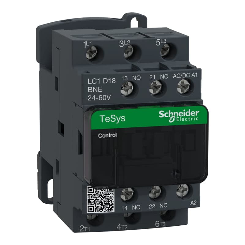 Contactor SCHNEIDER LC1D18BNE · 3P 18A AC3 bob 24-60VAC/Dc 1NA+1NC Tesys D gre