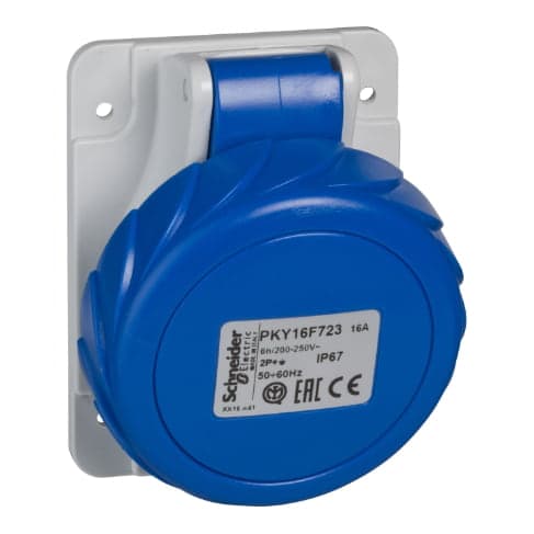 Toma industrial empotrado SCHNEIDER PKY32F724 · 3P+T 32A 250VAC azul 9H IP67