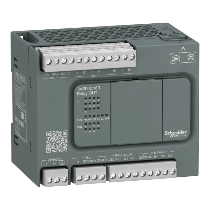 PLC MODICON SCHNEIDER TM200C16R · M200, 9 ent. digitales, 7 sal. relé, 1 MODBUS, 110-240VAC