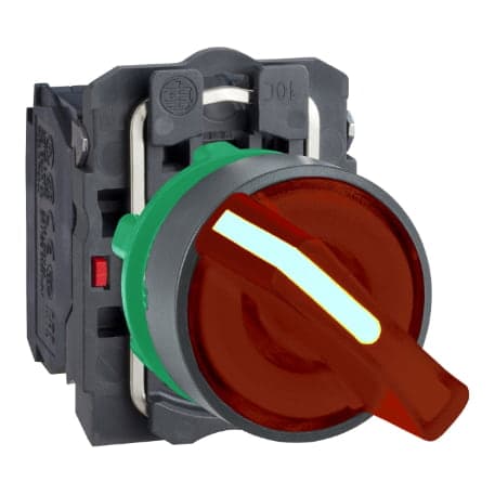 Selector luminoso maneta corta SCHNEIDER XB5AK124M5 · 2 posic plast rojo Ø 22mm 220VAC 1NA+1NC har