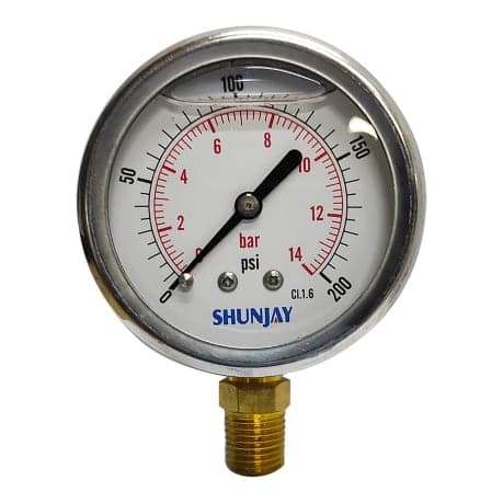 Manómetro SHUNJAY 115AL25N4P14BAR-200PSI · 14 bar (200 Psi), dial 2.5", acero inoxidable - bronce, con conex