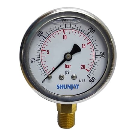 Manómetro SHUNJAY 115AL25N4P20BAR-300PSI · 20 bar (300 Psi), dial 2.5", acero inoxidable - bronce, con conex